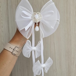 White Wedding Hair Bow with Elegant Long Tails and Luxurious Pendant