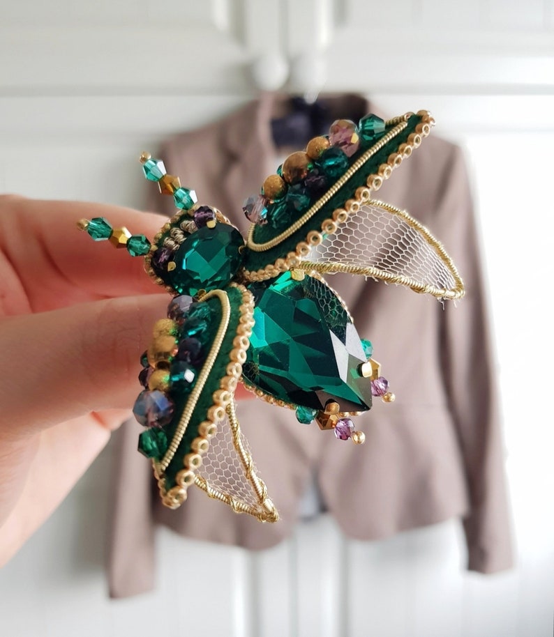 Handmade brooch Beetle handmade brooch insect brooch with rhinestones and beads emerald brooch on a pin