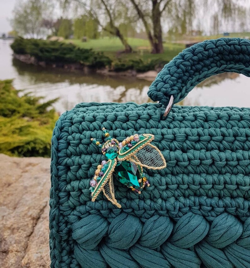 Handmade brooch Beetle handmade brooch insect brooch with rhinestones and beads emerald brooch on a pin