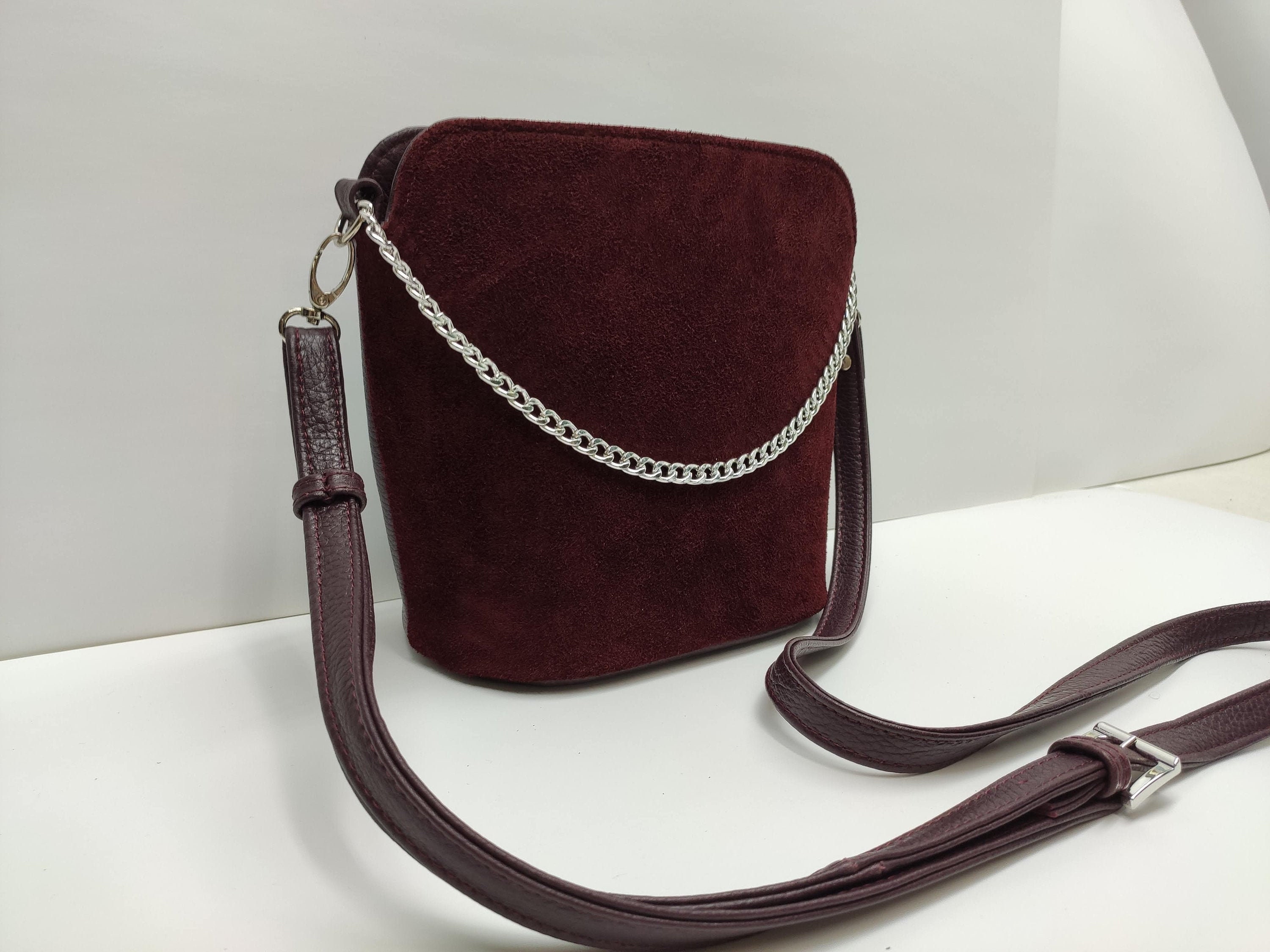 Burgundy Suede & Leather Crossbody Bag multipocket Etsy