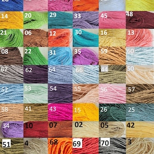 May include: A chart of 70 different colors of string, each color is labeled with a number from 01 to 70.