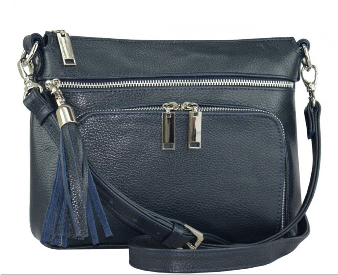 Navy Blue Leather Shoulder Bag Bag With Many Pockets | Etsy