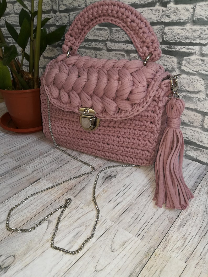 Dusty rose cross body bag Crochet bag crossbody Tshirt yarn Etsy