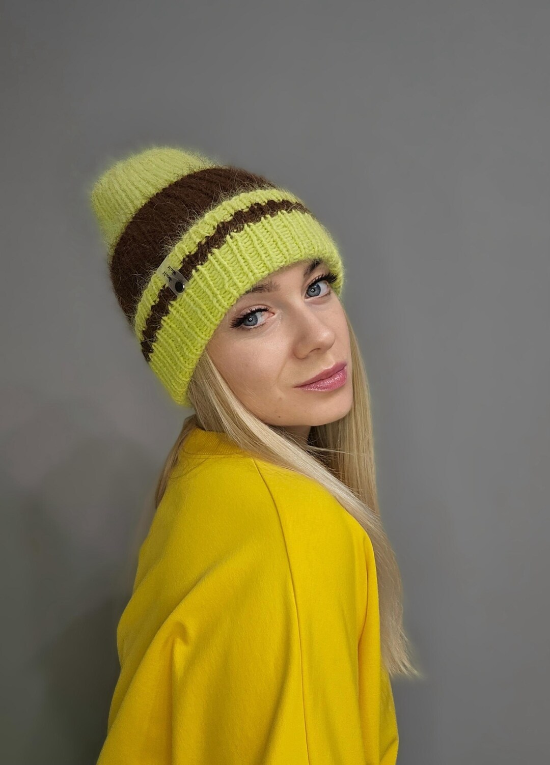 Yellow Angora Cozy Brown and Yellow Angora Hat - Women's Slouchy Knit Beanie - Etsy