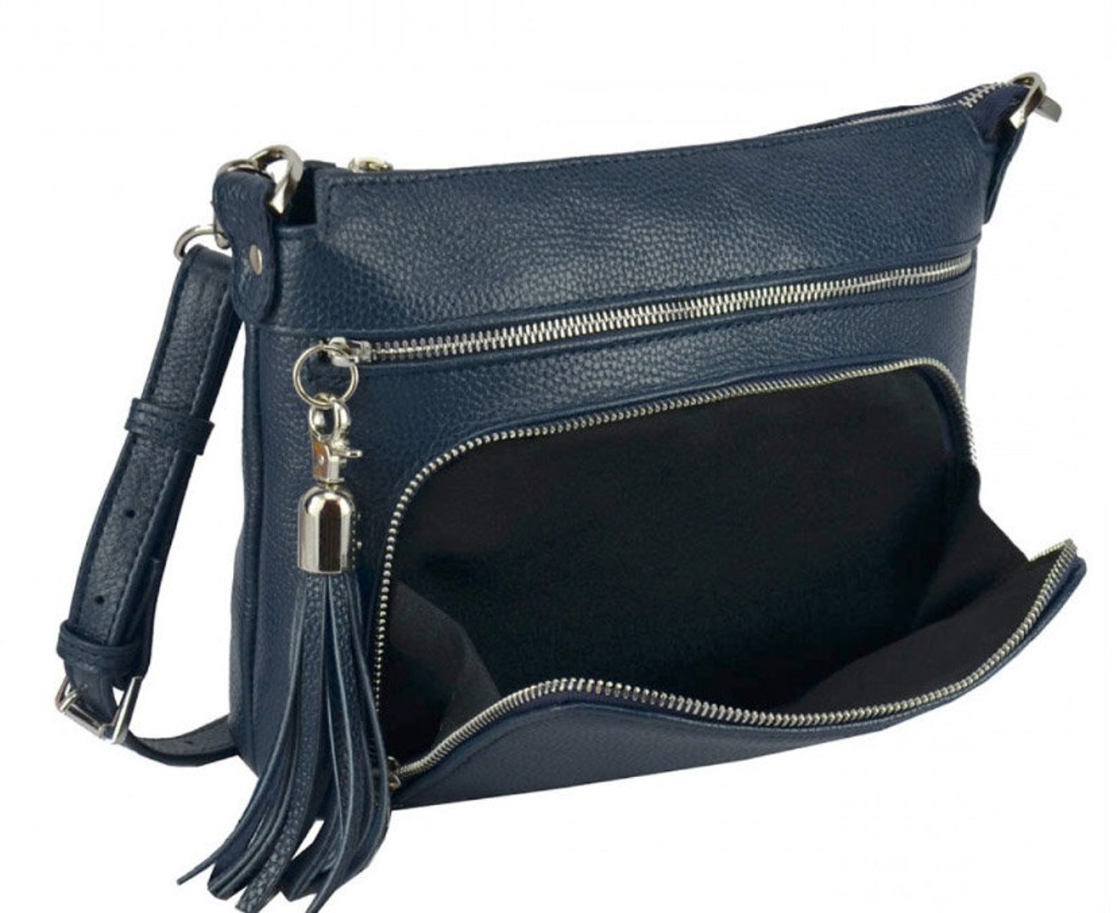 Navy Blue Leather Shoulder Bag Bag With Many Pockets Etsy