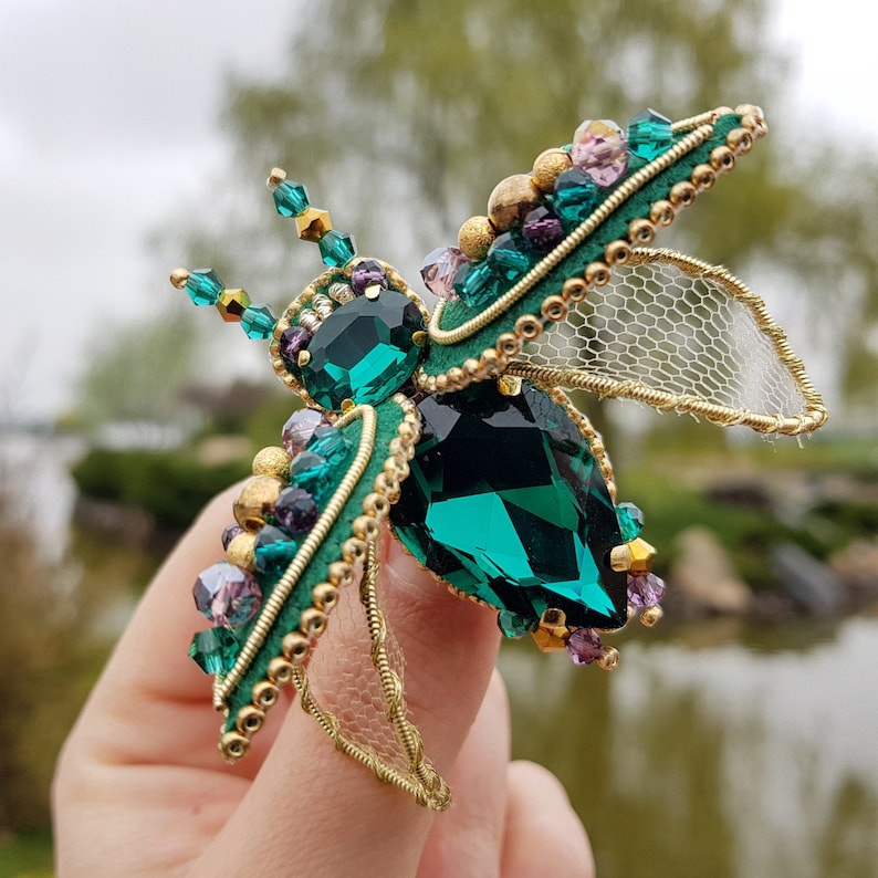 Handmade brooch Beetle handmade brooch insect brooch with rhinestones and beads emerald brooch on a pin