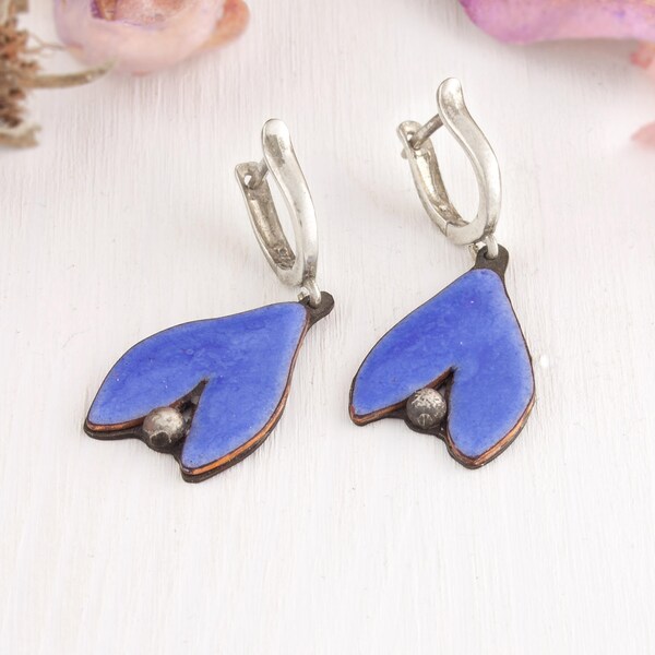 Blue Enamel Earrings, Blue Flower Earrings, Blue silver dangle, copper enamel earrings, enamel jewelry, flower form earrings, enamel flowers