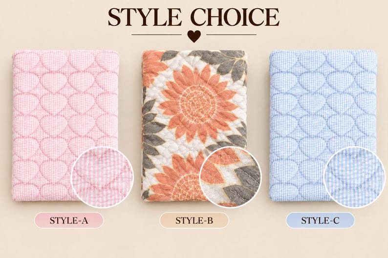Pu&ograve; includere: Tre articoli rettangolari in tessuto etichettati STYLE CHOICE. Lo stile A &egrave; rosa con un motivo a quadretti vichy trapuntato a forma di cuore. Lo stile B presenta una stampa di girasoli arancioni su una texture trapuntata. Lo stile C &egrave; azzurro.
