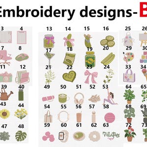 Pu&ograve; includere: Una collezione di settantacinque disegni da ricamo numerati etichettati come Embroidery designs-B. Le icone presentano varie illustrazioni tra cui articoli per ufficio, cibo, piante, strumenti artistici e attrezzature per il fitness.