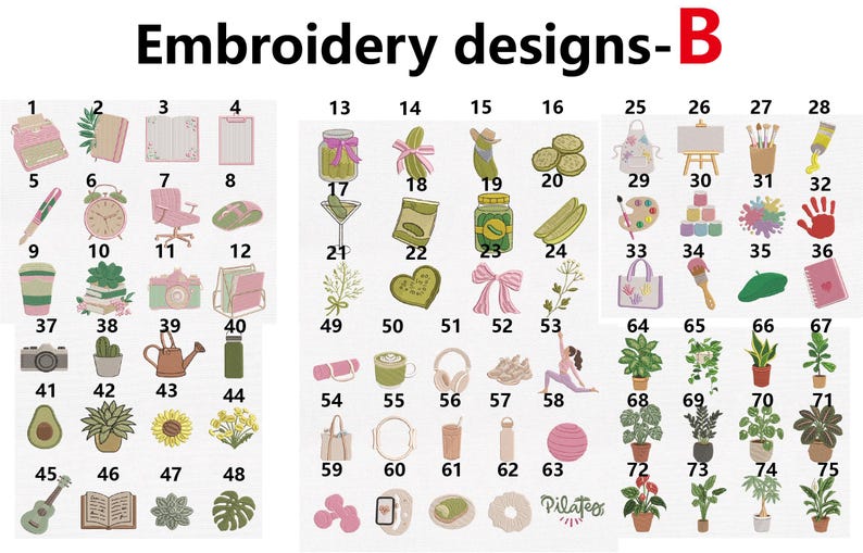 Pu&ograve; includere: Una collezione di settantacinque disegni da ricamo numerati etichettati come Embroidery designs-B. Le icone presentano varie illustrazioni tra cui articoli per ufficio, cibo, piante, strumenti artistici e attrezzature per il fitness.