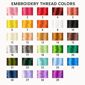 Pu&ograve; includere: Una tabella colori intitolata EMBROIDERY THREAD COLORS con 29 campioni di filo numerati in varie tonalit&agrave;, tra cui rosa, rosso, giallo, arancione, bianco, nero, marrone, grigio, verde, blu e viola, disposti in formato griglia.