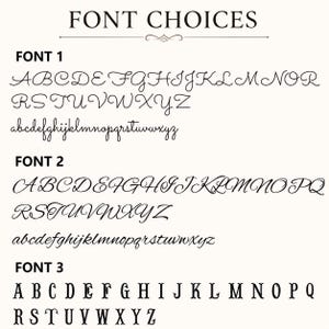 Pu&ograve; includere: Una tabella di testo nero intitolata FONT CHOICES che mostra tre distinti stili di alfabeto. Il font 1 presenta una semplice scrittura corsiva, il font 2 mostra uno stile calligrafico pi&ugrave; ornato e il font 3 presenta lettere in stampatello con grazie.