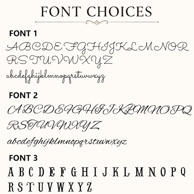 Pu&ograve; includere: Una tabella di testo nero intitolata FONT CHOICES che mostra tre distinti stili di alfabeto. Il font 1 presenta una semplice scrittura corsiva, il font 2 mostra uno stile calligrafico pi&ugrave; ornato e il font 3 presenta lettere in stampatello con grazie.