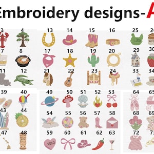 Pu&ograve; includere: Un catalogo digitale intitolato Embroidery designs-A che mostra settantacinque icone di ricamo numerate. La collezione presenta vari motivi colorati tra cui animali, piante, prodotti alimentari, strumenti musicali, abbigliamento e oggetti vari.