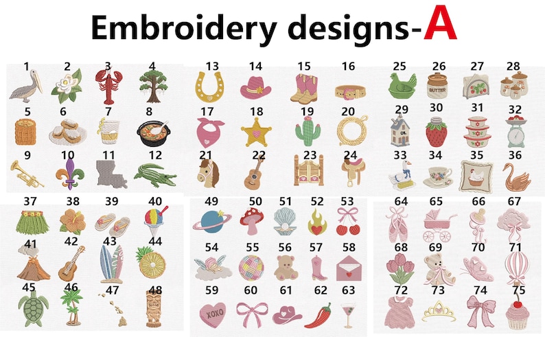 Pu&ograve; includere: Un catalogo digitale intitolato Embroidery designs-A che mostra settantacinque icone di ricamo numerate. La collezione presenta vari motivi colorati tra cui animali, piante, prodotti alimentari, strumenti musicali, abbigliamento e oggetti vari.