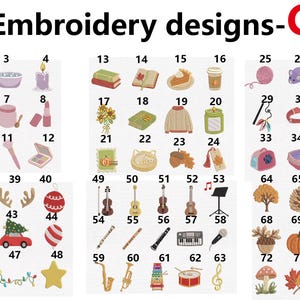 Pu&ograve; includere: Un catalogo digitale intitolato Embroidery designs-C contenente 75 icone numerate. La collezione include illustrazioni di articoli per spa, libri, fogliame autunnale, strumenti musicali, decorazioni natalizie e vari animali in una griglia.