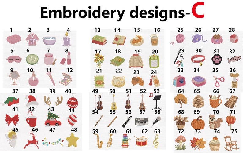 Pu&ograve; includere: Un catalogo digitale intitolato Embroidery designs-C contenente 75 icone numerate. La collezione include illustrazioni di articoli per spa, libri, fogliame autunnale, strumenti musicali, decorazioni natalizie e vari animali in una griglia.