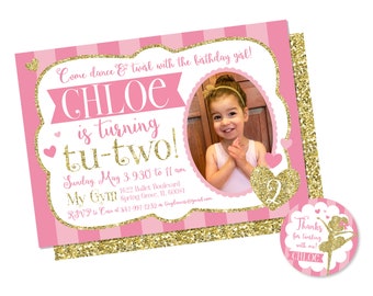 Tu-Two Ballerina Birthday Invitation With Photo & Favor Tag