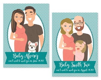 May include: Two cards with teal backgrounds and white polka dots. The cards feature illustrations of couples with their children. The first card says "Baby Alverez can't wait to meet you in June 2020!" The second card says "Baby Smith Two can't wait to meet you in August 2020!"