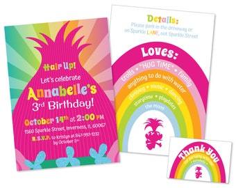 Trolls Inspired Birthday Invitation & Favor Tag