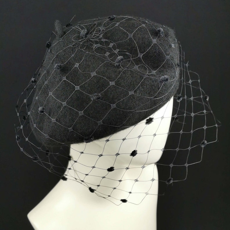 Beret With Veil, Total Black, Merry Widow, Statement Hat, Veil Beret