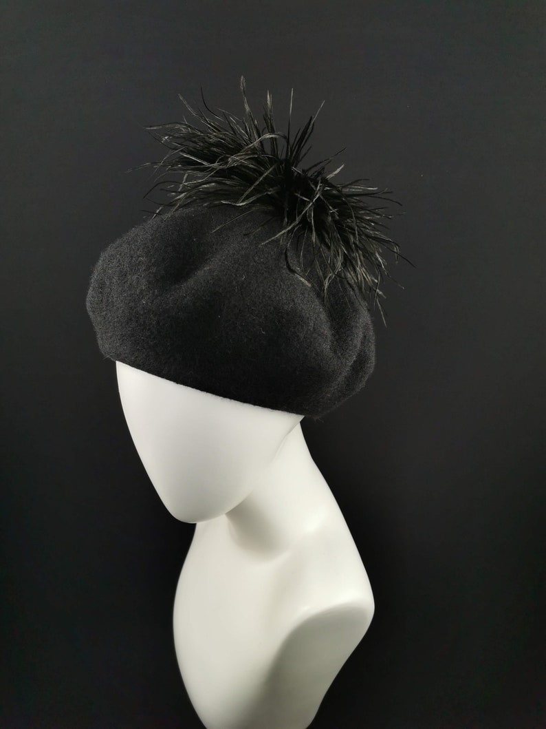 Fashion Black Beret with Feathers Hat with Feathers Women Beret JCN Evening Hat Stylish Hat French Beret Designer Beret Hat