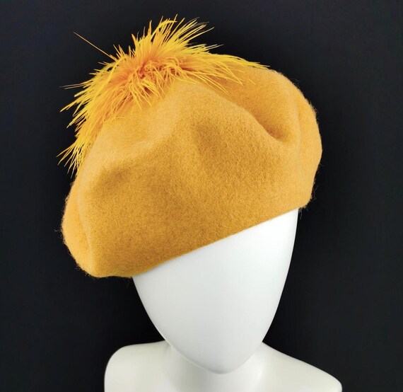 Beret With Feathers Pompon - Saffron Yellow - Etsy display picture 3