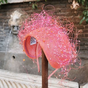 Fascinator in Coral and Fuchsia, Couture Millinery, Wedding Guest Headpiece, Headpiece for Races, Mother of the Bride, Kentucky Derby, JCN