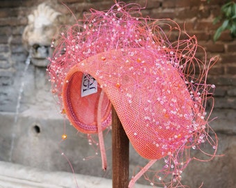 Fascinator in Coral and Fuchsia, Couture Millinery, Wedding Guest Headpiece, Headpiece for Races, Mother of the Bride, Kentucky Derby, JCN