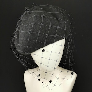 Black Wool Beret with Chenille Dot Veil - Made in Italy