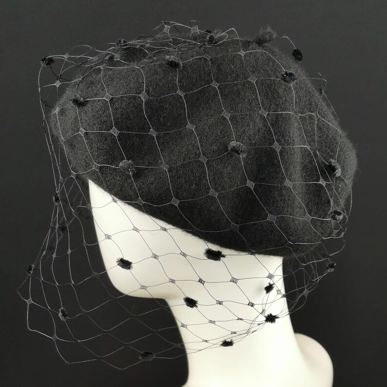 Beret With Veil, Total Black, Merry Widow, Statement Hat, Veil Beret