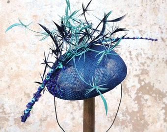 Fascinator in Blue and Jade Green, Wedding Guest Headpiece, Headpiece for Races, Mother of the Bride, Kentucky Derby, Made in Italy, JCN