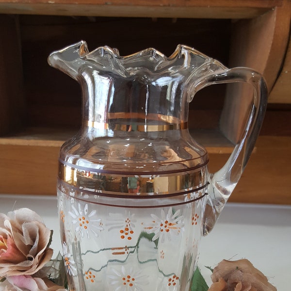 Large Fenton Style Water Pitcher, Glass Water Pitcher, Ice Catcher, Modern Farmhouse Juice Pitcher, Diasy Floral, Gold Accents, White Orange