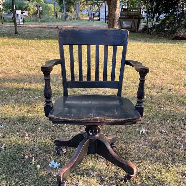 Antique Wood Bankers Office Arm Chair Tilt Swivel Adjustable Rolling EJ5