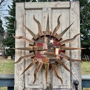 Handcrafted Large Wood Barn Star Sun 34" Rustic Farmhouse Country Porch Yard Art Garden Decor