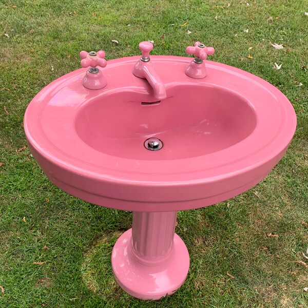 Vintage Standard Tiffin Pretty Pink Pedestal Sink, Porcelain Hot/Cold Faucet, Heart Shape Basin, Original Handles, Shabby Chic Bathroom Sink