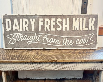 Large Metal Farmhouse Dairy Fresh Embossed Sign Modern Farmhouse Dairy Cow Farm Decor 40" EA57