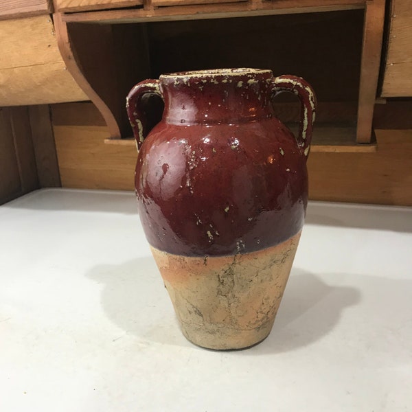 Primitive Two Tone Salt Glazed Stoneware Double Handled Urn Vase