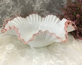Antique Fenton Pink Crest Milk Glass Bowl, Rose, Ruffled Top, Double Crimped Milk Glass Decorative Bowl, Pink and White Collectible Glass
