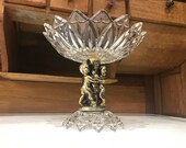 Antique Crystal Cut Ornate Scalloped Glass Bowl with Pedestal with Brass Children Tree Hugger, Ormulo Gilded 18th Century Serving Bowl Fruit