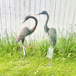 Set Aged Blue Heron Bird Statue Outdoor Garden Stake Yard Art Lawn Decor FH16