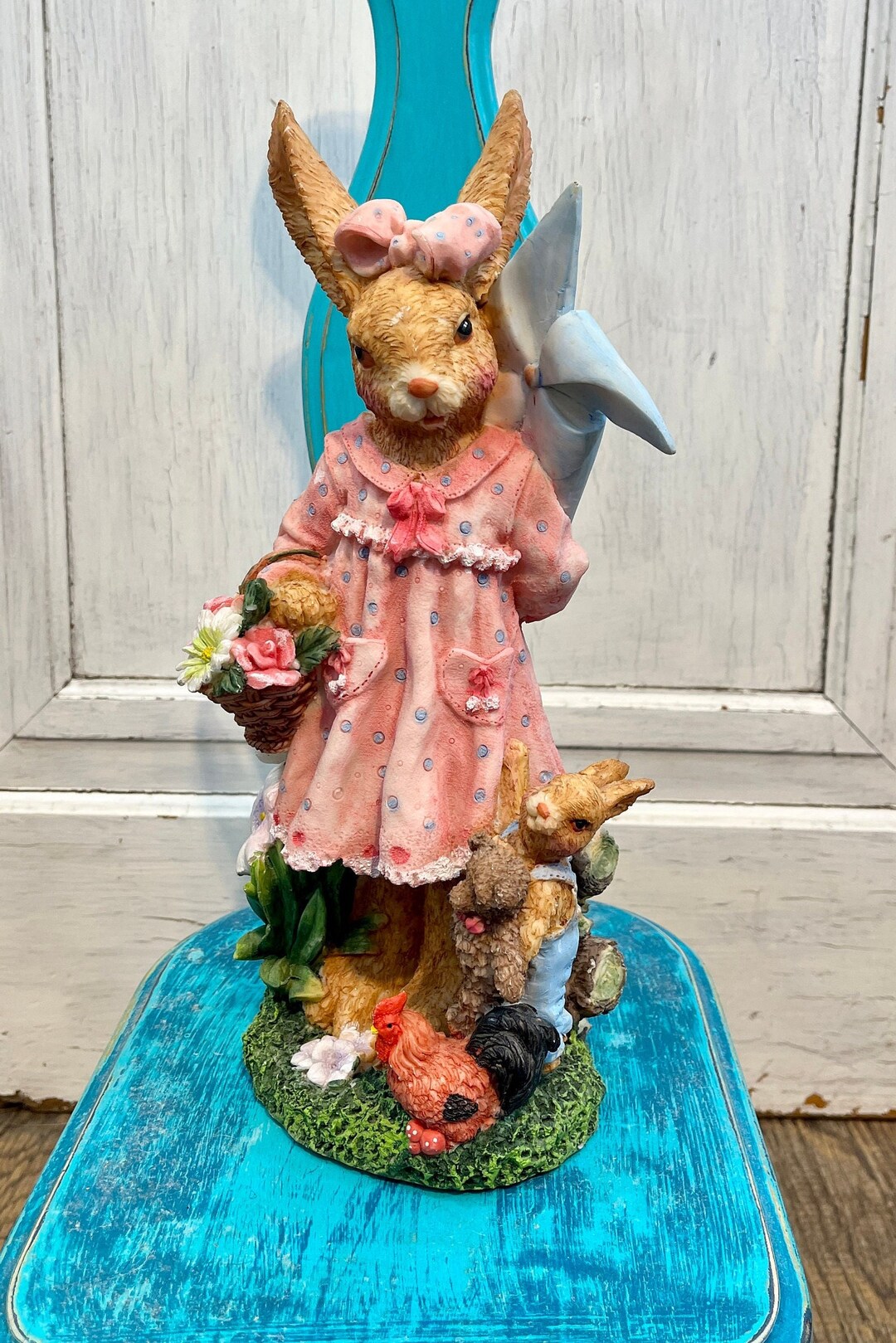 Vintage Easter Bunny Figurine, Colorful Farmhouse Easter Decor