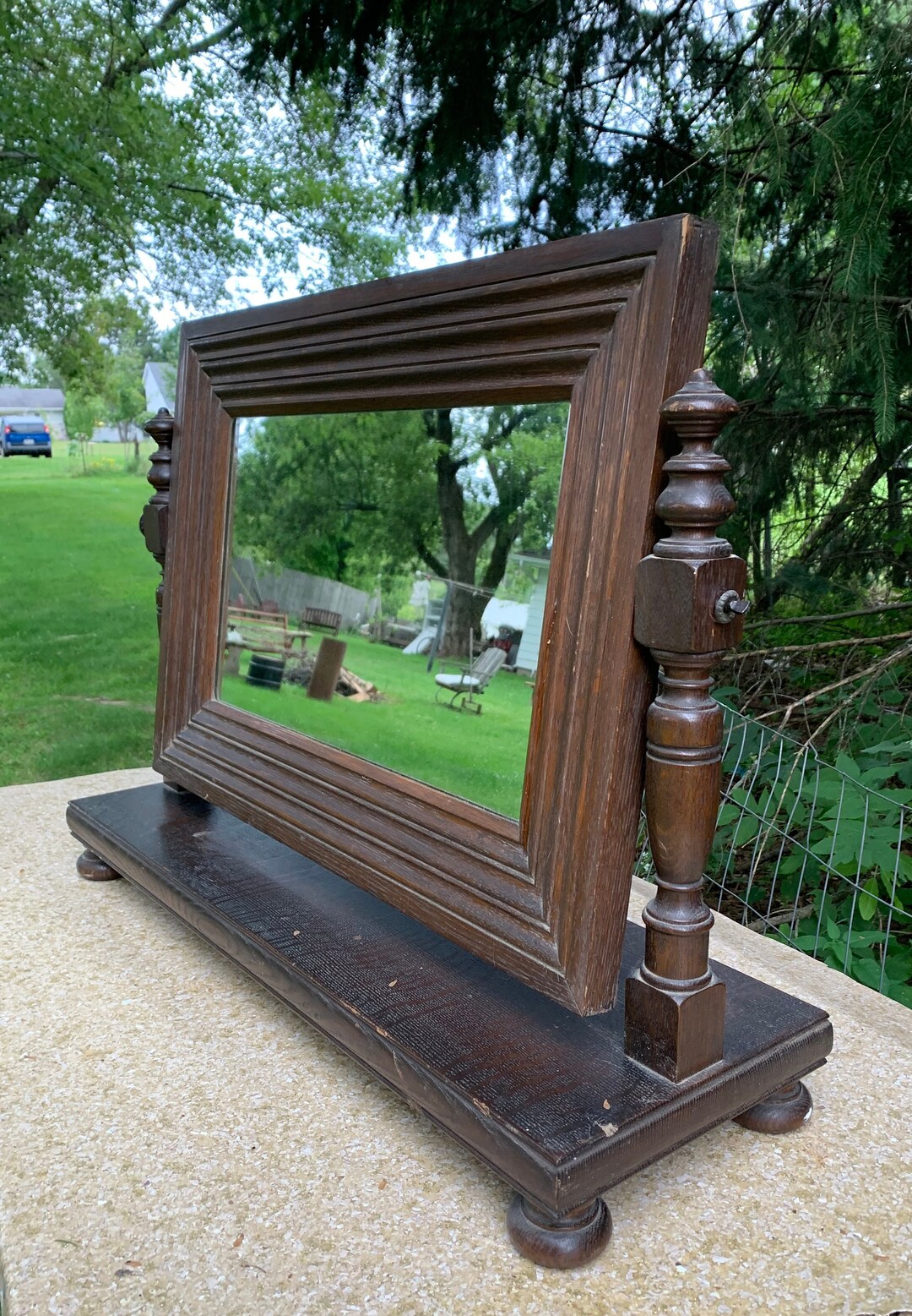 Antique Wood Tabletop Buffet Mirror, Gentleman's Cheval Shaving Mirror, Wood Vanity Mirror, Art