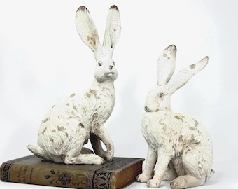 Set White Hare Bunny Statue Sculptures Aged Distressed, 10", 8" FP11
