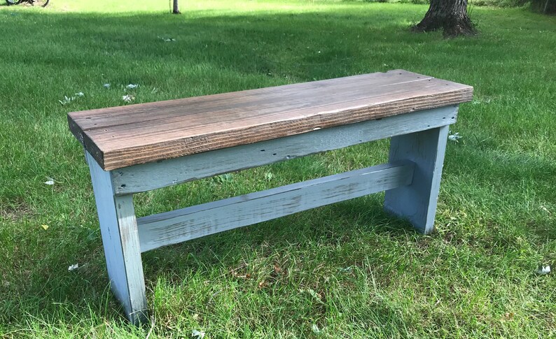 Solid Wood Farmhouse Bench Distressed Reclaimed Wood Bench Bedroom Furniture Entryway Dining Indoor Outdoor Gray Base Walnut Seat 40