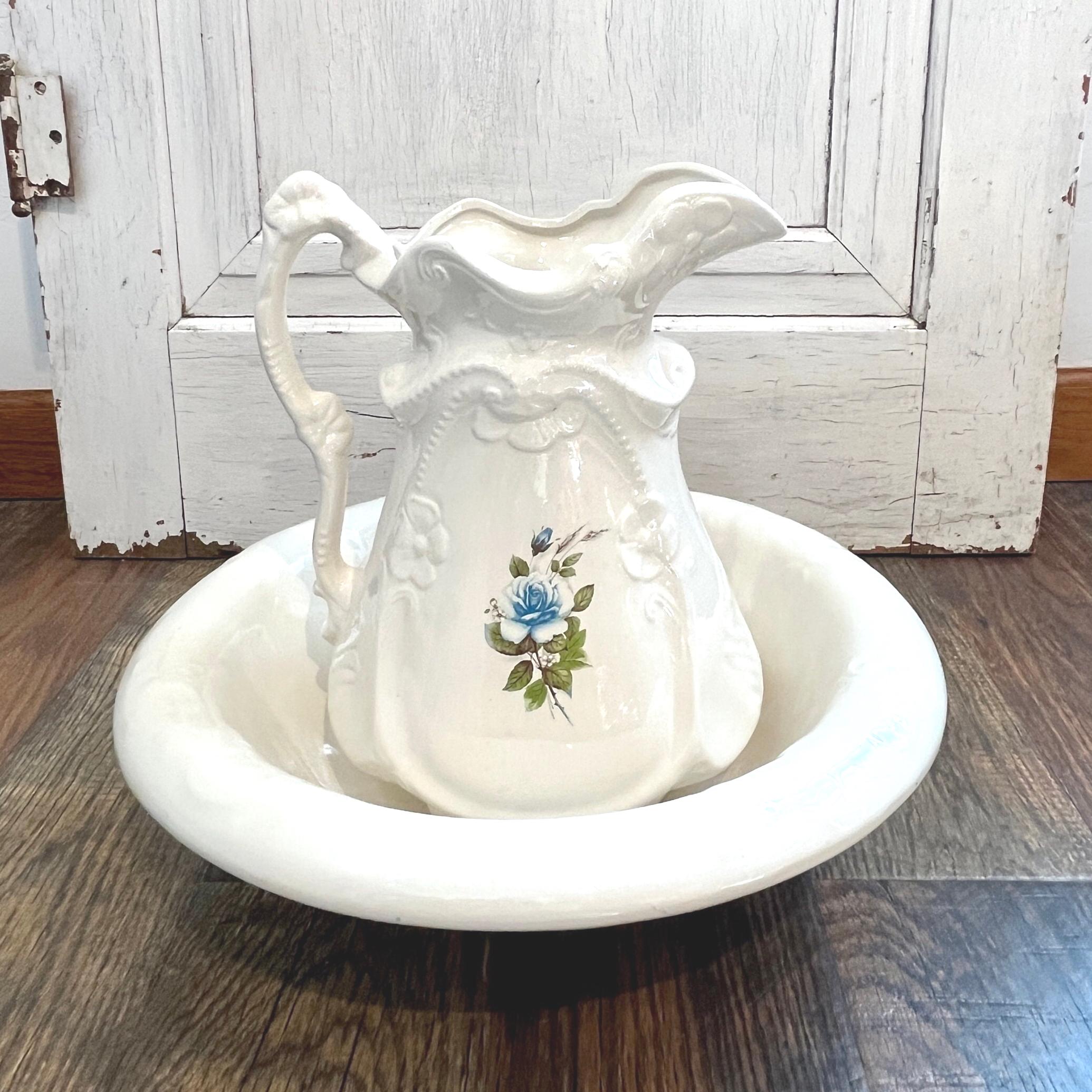 Antique Ceramic Water Pitcher Wash Basin Bowl Floral Flowers Antique Ceramic Water Pitcher Wash Basin Bowl Floral Flowers