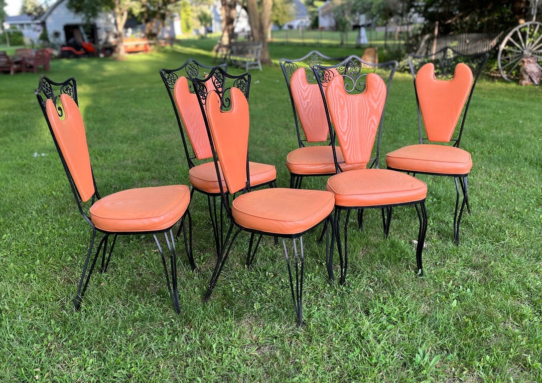 Set of 6 Vintage Black Wrought Iron Vinyl Upholstered Dining Chairs