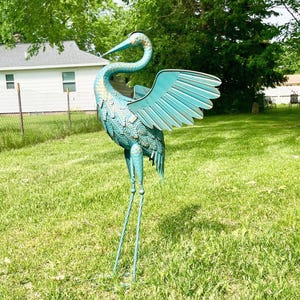 Aged Heron Crane Outdoor Statue 43" w/Wings Large Bird Sculpture Metal Garden Yard Art Lawn Decor