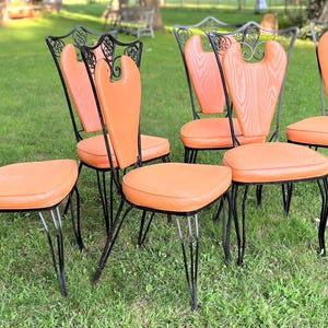 Vintage Wrought Iron Dining Side Chairs Upholstered, Set of 6, Retro Gothic Spanish Revival EN94