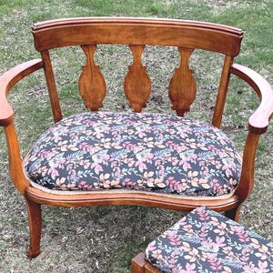 Antique Arrowback Wood Settee Sitting Upholstered Bench w/ Matching Footstool EA87